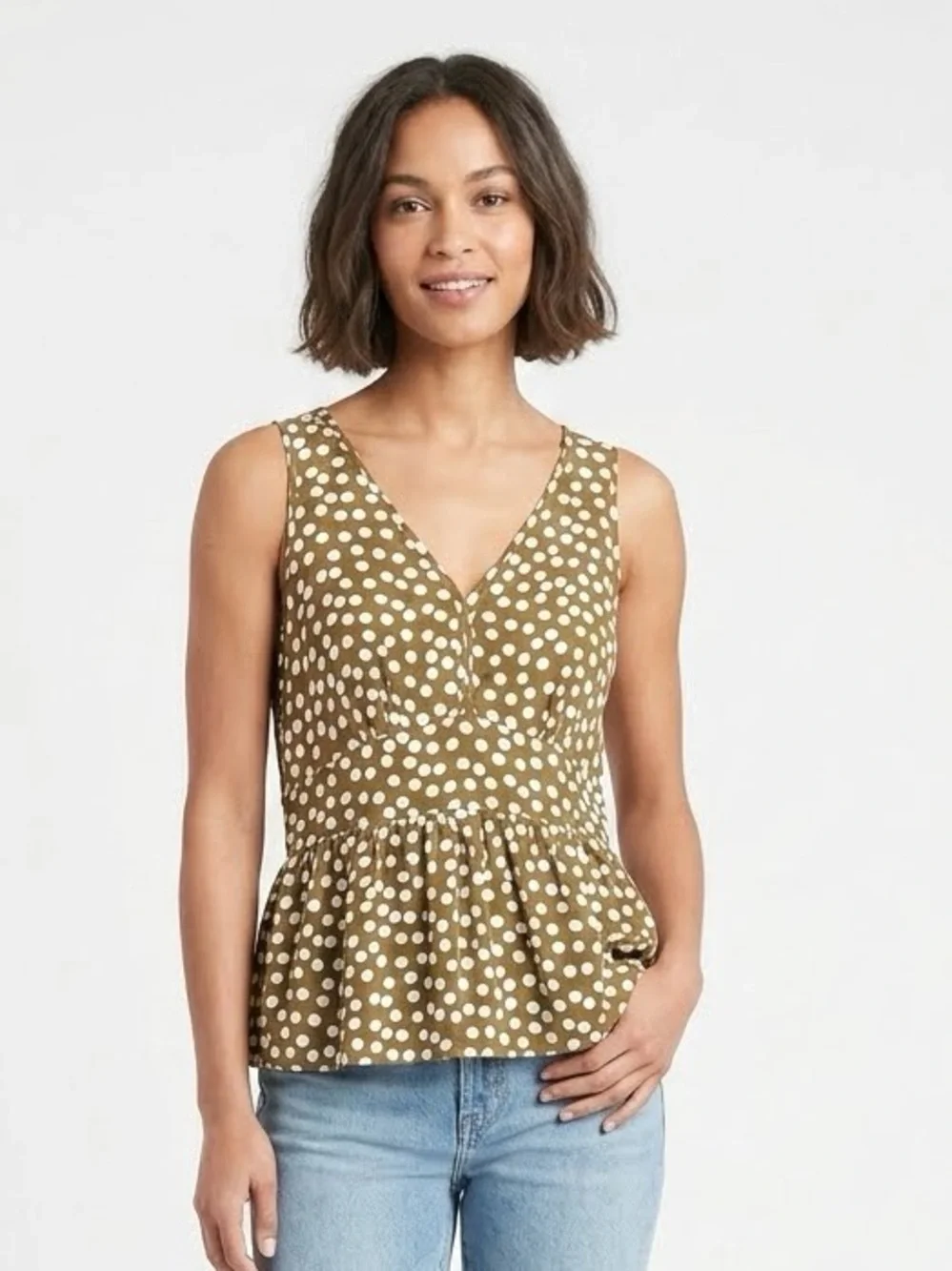 J. Crew Brown and White Polka Dot V-Neck Peplum Top Size 8